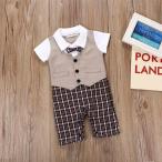 ベビーロンパース　子供服　ベビー服　カバーオール　フォーマルスーツ　ベスト　ゾンチー　男の子　長袖　セットアップ風　つなぎ　チェック　蝶ネクタイ