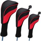 AKOZLIN ゴルフ ウッドドライバー ヘッドカバー 3個セット ロングネック ゴルフヘッドカバー 交換可能な番号タグ付き ブラックandレッド