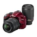 中古 １年保証 美品 Nikon D3200 18-55mm / 55-200mm レッド ダブルズームキット