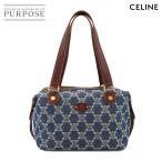 新品同様 セリーヌ CELINE マカダム ハンド バッグ デニム レザー ブルー ブラウン ヴィンテージ ゴールド 金具 Hand Bag 90277106