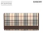 未使用 展示品 バーバリー BURBERRY ノバチェック 二つ折り 長財布 キャンバス レザー ベージュ ブラウン シルバー 金具 90306182