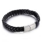 Yahoo! Yahoo!ショッピング(ヤフー ショッピング)バングル[ラッピング対応] PW 高品質316Lステンレス 本革 黒 ブラック 銀 シルバー 編み込みbracelet /  長さ205mm 幅12mm 13g 条件付送料無料60772