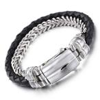 Yahoo! Yahoo!ショッピング(ヤフー ショッピング)バングル[ラッピング対応] PW 高品質316Lステンレス 本革 パンク風 銀x黒 バリチェーン 編込み 2連bracelet /  幅5mm 周囲210mm 44g 条件付送料無料60797