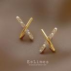 ピアス レデイース X型 パール キュービックジルコニア 2連風 キラキラ ゴールド 大人可愛い 上品 通販 激安アクセサリー 女性 人気 ポイント利用