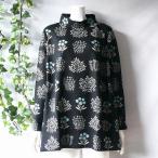 新品 a127 M ボタニカル柄 裏起毛 ハイネック チュニック 黒系 北欧風 ニットソー 秋冬 ゆったり 50代 60代 70代