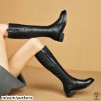 ショッピングロングブーツ ロングブーツ レディース コンヒール ブーツ ロング丈 トレンド PU 黒 筒太め シンプル 美脚 おしゃれ 歩きやすい 履きやすい ファスナー付き