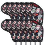 BIG CRAZY ゴルフアイアンカバー マジックテープ開閉 ウェッジカバー クラブヘッドカバー スカル柄 合成皮革　超おしゃれ　かっこいい　黒/ブラック