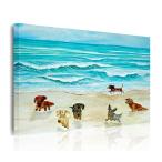 絵画 インテリア  おしゃれ 壁掛け 絵 油絵風　絵画　ポスター 動物画　海辺を走る犬の群れ　ダックスフント ファブリックパネル アートパネル ポスター キャン