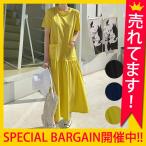 ワンピース 夏 春 レディース 半袖 Tシャツ ロング 大きいサイズ かわいい ミモレ 膝丈 無地 カジュアル 切替 (w589)