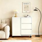 ショッピングチェスト キャビネット 木製 おしゃれ 北欧 幅80 チェスト キャスター付き 3段 収納棚  タンス 大容量 押入れ収納 棚 扉付き スリム テレビ台 リビング 奥行40 ホワイト