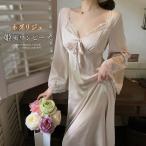 ネグリジェ春夏秋長袖ネグリジェ姫風ワンピースレディースロング丈レースＶネッ...