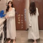 ネグリジェ春夏秋姫ネグリジェ白ワンピースレースネグリジェロング丈長袖ネグリ...