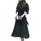 ロイヤルパイン ワンピース レデイース シャツワンピ Aライン ロング丈 無地 長袖 プリーツ シフォン ベルト付き (L, ブラック)