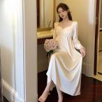 ネグリジェ ナイトガウン 春 秋 ロング 膝丈 ロングスリーブ 女性 長袖 ルームウェア レディース ワンピース セクシー 部屋着 パジャマ 寝巻き S M L XL 無地
