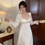 ネグリジェ ルームウェア レディース パジャマ ワンピース 可愛い 長袖 部屋着 寝巻き 膝丈 Vネック セクシー 無地 ナイトウェア アイスシルク ナイトガウン 秋
