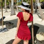 水着 レディース ワンピース フリル 可愛い プリーツ スリット 背中 露出 控えめ お腹 カバー 海水浴 プール 大人水着 オトナ女子 ママ水着 学生 おしゃれ