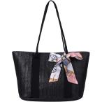 ストローバッグ トートバッグ ストロートート カゴバッグ スカーフチャーム付き 大きめ(ブラック)