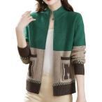 ニューネ M字ポケット 配色 バイカラー フルジップ ジャケット レディース ニット カーディガン 秋 冬 韓国(グリーン,  L)