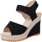 ショッピングウェッジソール レディース レース サンダル 厚底 ウェッジソール 10.5cm 歩きやすい 通気性 室内履き 通勤 MDM (ブラック,  23.5 cm)