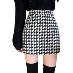 ミニ スカート 千鳥格子 ツイード ボトムス レディース シンプル カジュアル 韓国風 韓流 きれい 綺麗 キレイ(ブラック,  M)