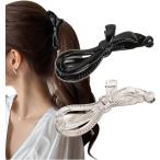 バナナクリップ ヘアクリップ しっかり 髪留め リボン シンプル かわいい 2個セット (A ブラック+クリアグレー)