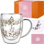 ショッピング誕生日 コーヒカップ 誕生日プレゼント女性 ダブルウォールグラスエデンローズ名入れ イニシャル入り 保温保冷 取っ手付き おしゃれ花柄 妻 MDM(T)