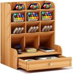 卓上収納ケース 机上収納ボックス 収納棚 小物入れ 筆差し 木製 ペンスタンド ペン入れ 仕切り 文房具 (ブラウン（引き出し付き）)