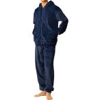 極上の肌触り もこもこ パジャマ メンズ 長袖 ルームウェア 上下セット 裏起毛 パーカー 厚手 秋冬(ネイビー(フードあり),  M)