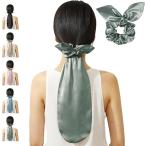 シルク ナイトキャップ ロングヘア用 シュシュ付き 6A級 桑蚕絹糸 美髪 就寝用 ヘアキャップ 通気性 静電気防止 (セージグリーン)