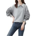 レディース トレーナー 秋冬 可愛い ポワン袖 チェック 韓国 襟付き 首元 レース 異素材 ドッキング カジュアル (グレー,  XL)