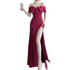 ロングドレス オフショルダー フリル スリット タイト パーティー 肩出し フォーマル ワンピース ナイトドレス(レッド,  M)