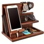 木製デスクオーガナイザー スマートフォンスタンド 腕時計ホルダー サングラス収納 小物入れ付き (ブラウン)