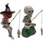 ショッピングスカル 釣り姿 スカル 置物 2個セット 3種類 ガイコツ 骸骨 パンプキン 麦わら ハロウィン インテリア(麦わらスカル＋スカル)