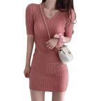 リブニット 半袖 ワンピース タイト vネック レディース 薄手 胸元 セクシー ミニ ショート丈 (レッド,  Free Size)