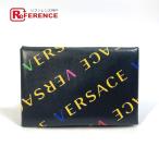 VERSACE Versace футляр для визитных карточек чехол для пропуска Logo 2. складывать футляр для карточек кожа черный женский [ б/у ]