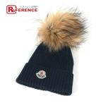 ショッピングmoncler 美品 MONCLER モンクレール ロゴ ポンポン付き ファー ビーニー 帽子 ニット帽 ニットキャップ ニット帽 ブラック レディース【中古】