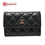 CHANEL Chanel matelasse стеганое полотно 2. складывать ячейка для монет кошелек для мелочи . кошелек CC здесь Mark футляр для карточек черный женский [ б/у ]