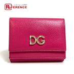 DOLCE&GABBANA ドルチェアンドガッバーナ ドルガバ DGラインストーン コンパクトウォレット 3つ折り財布 レザー ピンク レディース【中古】