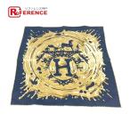 未使用 HERMES エルメス PEINTURE FRAICHE ペンキ塗りたて カレ45 プチカレ  ガブロッシュ スカーフ ネイビー×ゴールド レディース【中古】