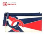  прекрасный товар CHANEL Chanel CC здесь Mark бахрома кошелек футляр для карточек овчина женский голубой × белый × красный 