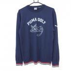 【美品】PUMA プーマ 長袖ニットセーター ネイビー×白 ウール混 日本製 メンズ Ｌ ゴルフウェア
