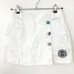 キスマーク 巻きスカート 白×グリーン ストライプ柄ボタン 内側パンツ レディース 7 ゴルフウェア Kissmark （美品）／25%OFF価格