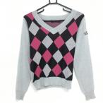  Delsol свитер серый × розовый бриллиант рисунок вязаный V шея шерсть перо .. немного женский M Golf одежда DELSOL