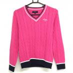  Callaway свитер розовый × темно-синий кабель плетеный V шея вязаный женский M Golf одежда Callaway