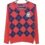  Delsol свитер красный × темно-синий . примерно a-ga il рисунок вязаный V шея женский L Golf одежда DELSOL