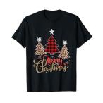 レディース ヒョウ柄プレイド クリスマスツリー メリークリスマス Tシャツ