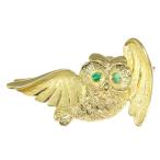 フクロウモチーフ 2P・エメラルドブローチ・ピンタック/K18YG/750-6.8g/EM0.04ct/イエローゴールド×グリーン/RF2/h190514/284652