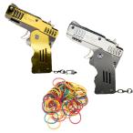 折り畳み式 6連射 輪ゴム銃 2個セット ゴムバンド200個付き 輪ゴム鉄砲 ゴム銃 キーホルダー 銃 子供 おもちゃ (ゴールド , シルバー)