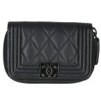  Chanel Boy Chanel 24 номер шт. so- черный овчина раунд Zip футляр для карточек б/у BS99