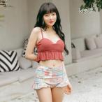 M L XL 大きいサイズ 水着 タンキニ レディース ハイウエストショーツ ウエストフリル パッチワーク風 20代 30代 40代